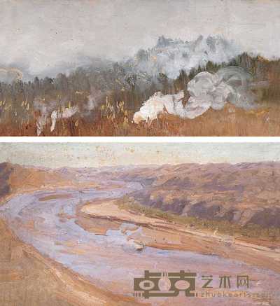 靳之林 1961年作 1975年作 《长白山·天娇岭》 《葭城东望》(两件) 25×44cm;34×53cm